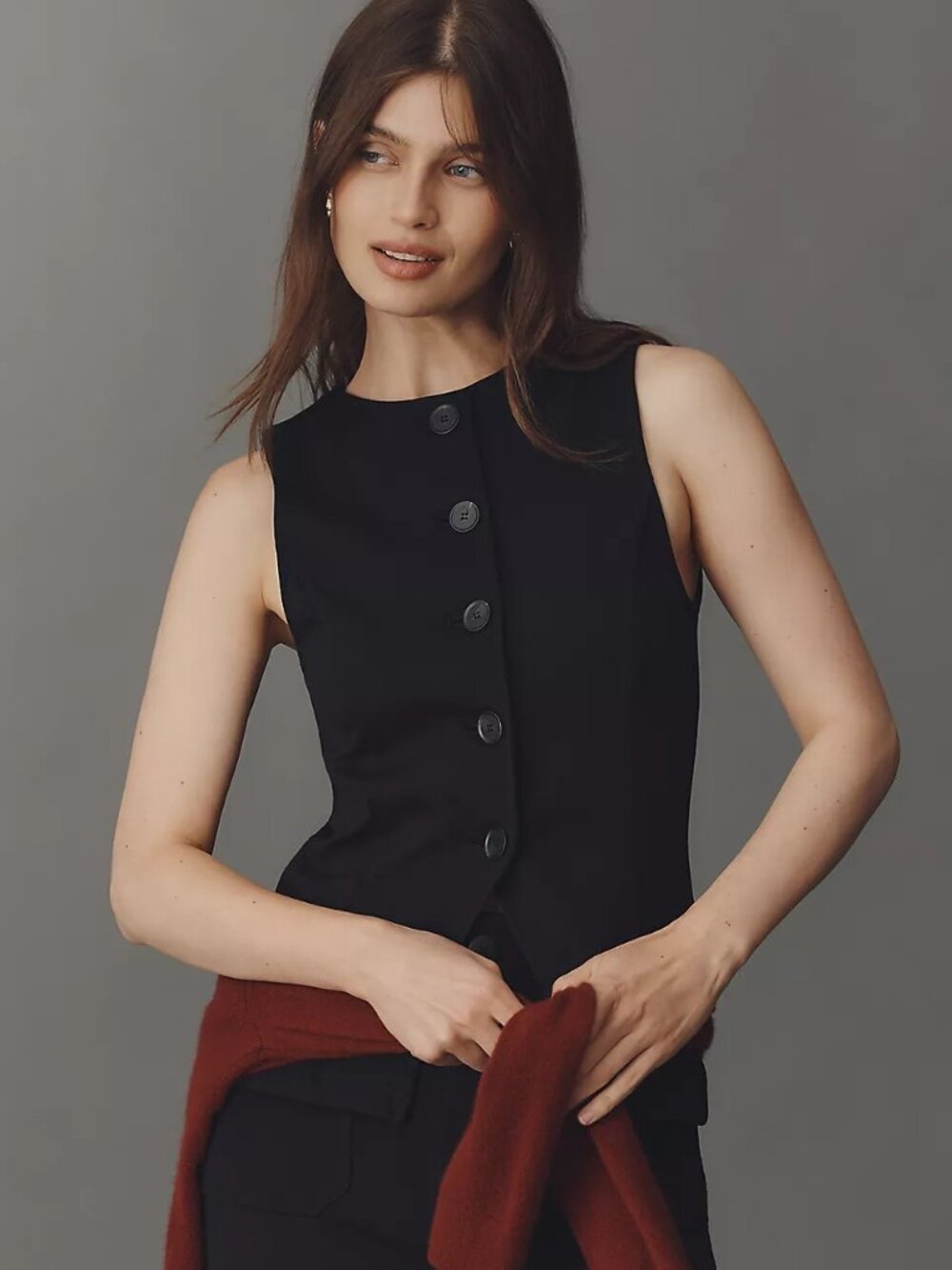 Anthropologie Maeve Button-Front Knit Vest | Black Onyx | XL | NWT